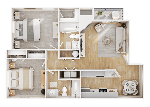 Floor plan for 2 beds, 2 baths, 977 sqft